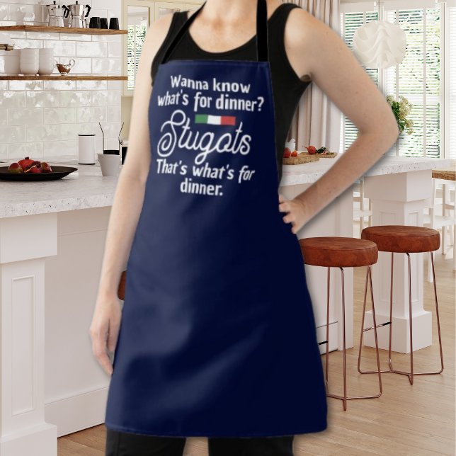 Delantal Stugots Funny Italian Navy (Funny Italian Apron in Navy. "Wanna Know What's For Dinner? STUGOTS. That's What's for dinner.)