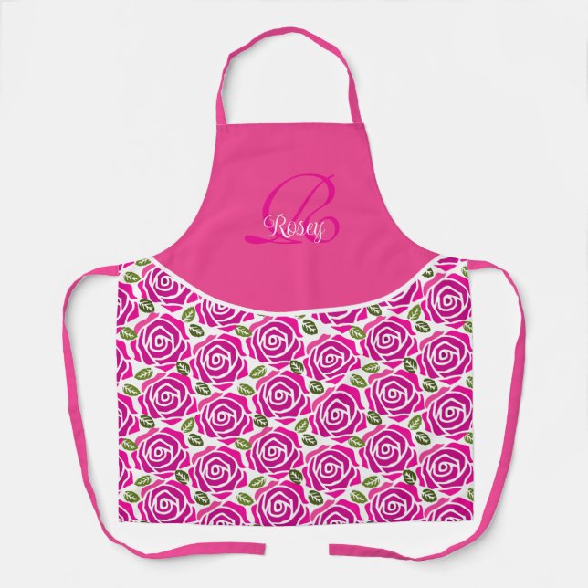 Delantal Stylish Initial Name Hot Pink Magenta Roses Custom (Anverso)