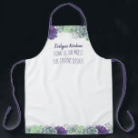 Delantal Succulents - La cocina del nombre y la etiqueta de<br><div class="desc">Suculentos acuarelas en color violeta y verde decoran este delantal personalizado, con atractivos bordes en la parte superior e inferior y vínculos coordinados. La plantilla está configurada para que edite todo el texto que desee. La divertida redacción de la muestra, que usted puede mantener, dice "[su nombre] la cocina -...</div>