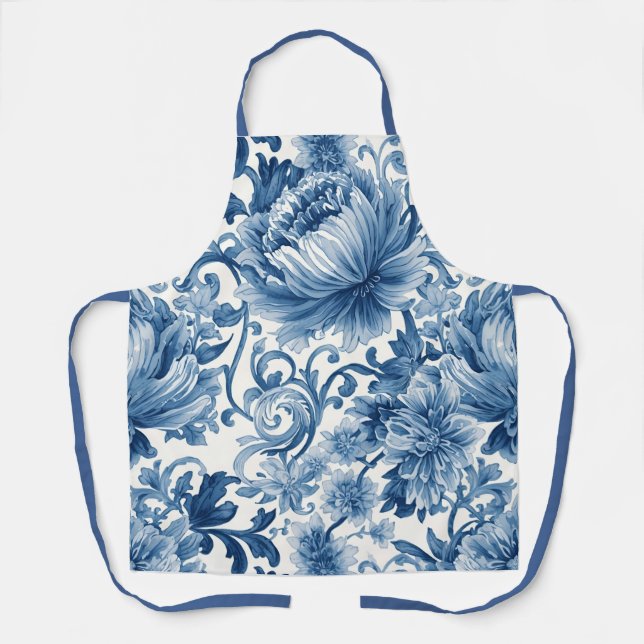 Delantal Sueños Azules | Chinoisería de Acuarela Floral (Anverso)