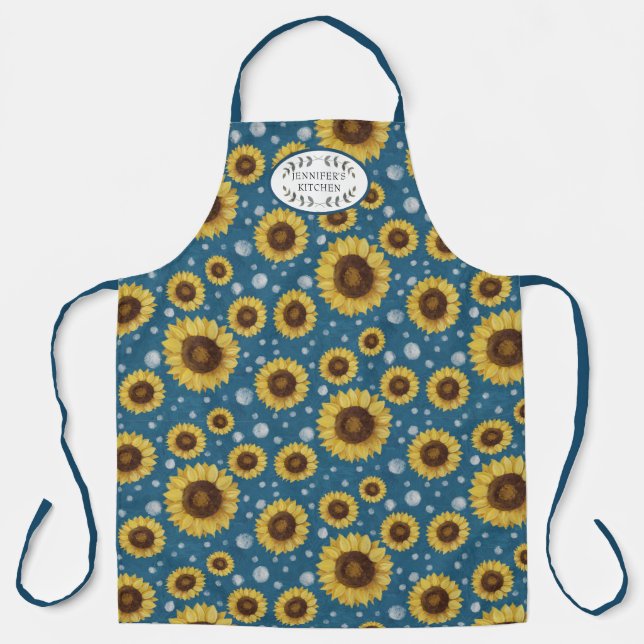 Delantal Sunflowers Blue Rustic Farm House Kitchen Name (Anverso)