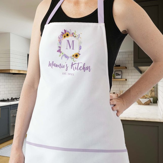 Delantal Sunflowers Hydrangea White Purple Lilac Monograma (hostess mom grandma apron personalized custom thanksgiving christmas gift monogram sunflowers lilac)