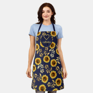 Delantal Sunny Yellow Gold Navy Sunflowers deja un monogram