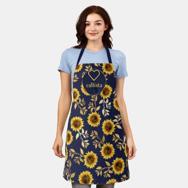 Delantal Sunny Yellow Gold Navy Sunflowers deja un monogram (Gastado)