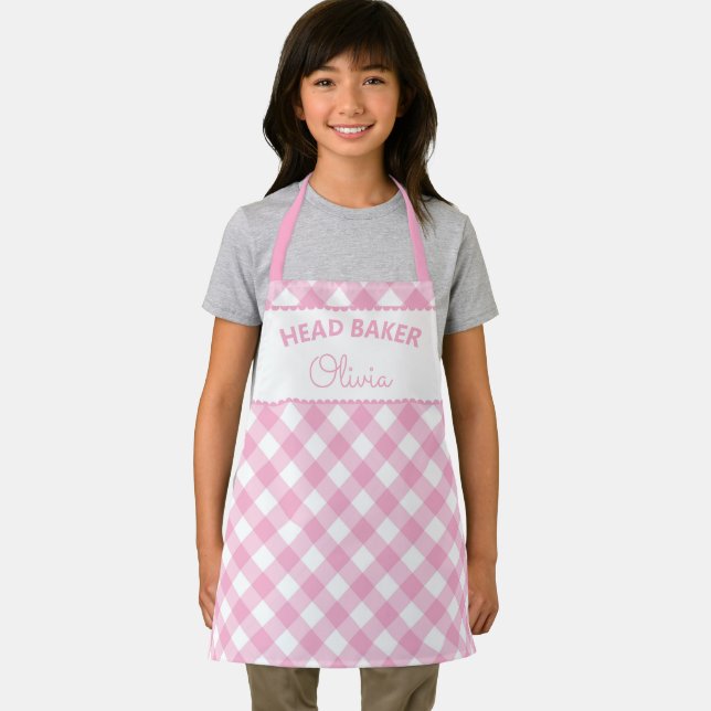 Delantal Super Cute Head Baker Pink Gingham Name Apron (in situ)