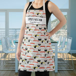 Delantal Sushi Restaurant Chef Sobo's Kitchen Personalizado<br><div class="desc">Espectro divertido con un patrón de sushi dibujado a mano y dos líneas de texto personalizado. Añade el nombre de una persona, el nombre de tu Sobo, el nombre de tu restaurante, café o tienda, o borra el texto y el rectángulo y simplemente usa el patrón. Perfecto para cocineros en...</div>