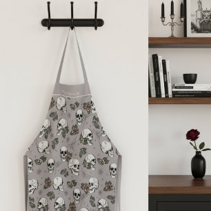 Delantal Taupe Calaveras góticas y Rosas Nombre personaliza