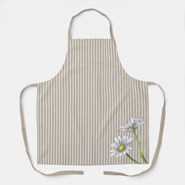 Delantal Taupe Striped Floral Watercolor Daisy (Anverso)