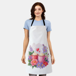 Delantal Tazas de Cocoa de San Valentín con Flores y Corazo