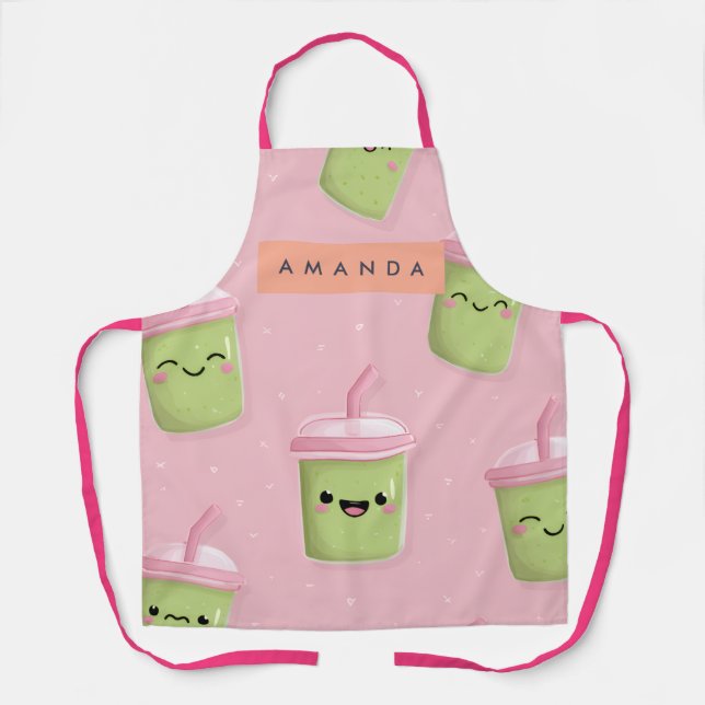 Delantal Té de leche Pastel Kawaii Matcha personalizado (Anverso)