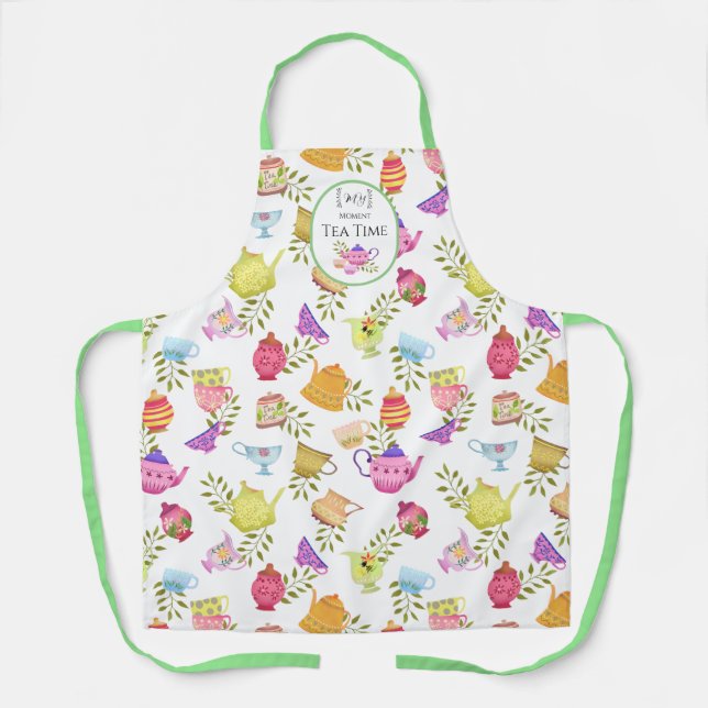 Delantal Té Pots and Cups White All-Over Print Apron (Anverso)