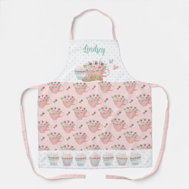 Delantal Té rosa y verde y pastelitos Apron personalizados (Anverso)
