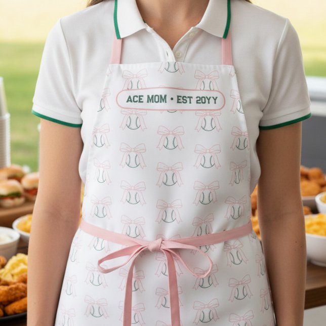 Delantal Tenniscore Ace Mom Preppy Coquette Tennis Ball Bow ("Ace Mom" Tenniscore coquette sporty mom apron, with tennis ball and pink bow pattern)