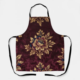 Delantal Terciopelo Borgoña Peonía Embroidería Floral Dorad