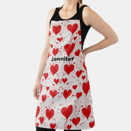 Delantal Testigo rojo, corazones rosados, monograma del Día