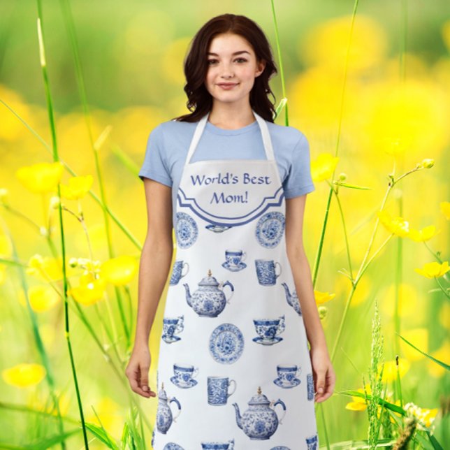 Delantal Tetera personalizada de Chinoiserie azul y blanco  (Perfect for Mothers Day. Personalize it!)