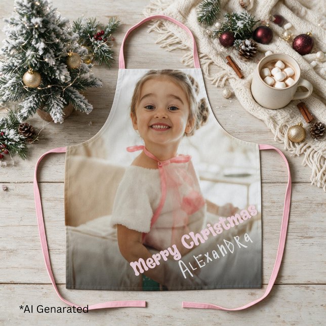 Delantal Texto de Foto Moderna de Navidad Rosa Personalizad (Subido por el creador)