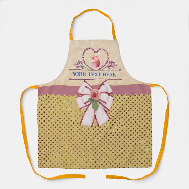 Delantal Texto Personalizado, Corazón de Acuarela y Cupcake (Anverso)