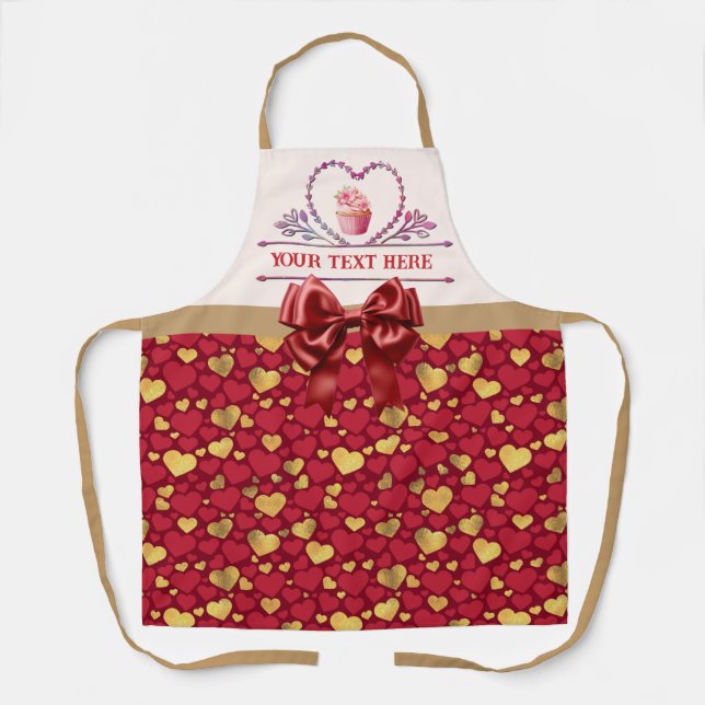 Delantal Texto Personalizado, Corazón de Acuarela y Cupcake (Anverso)