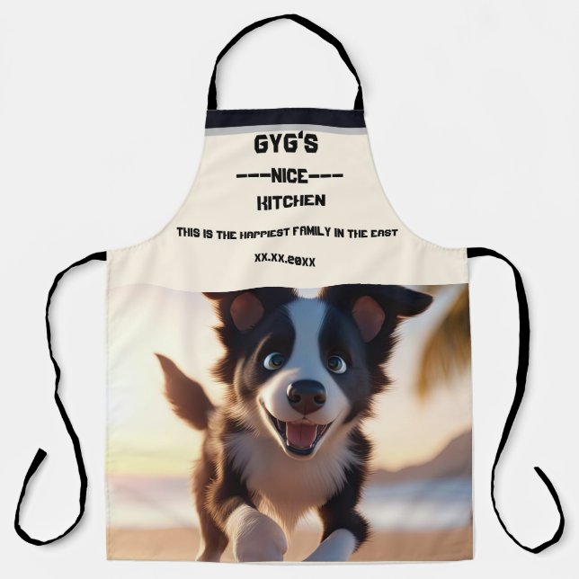 Delantal texto personalizado, perro blanco y negro lindo (Anverso)