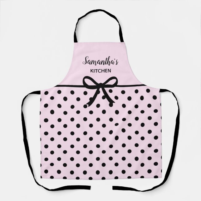 Delantal Texto Personalizado: Polka negro rosado, puntos, c (Anverso)
