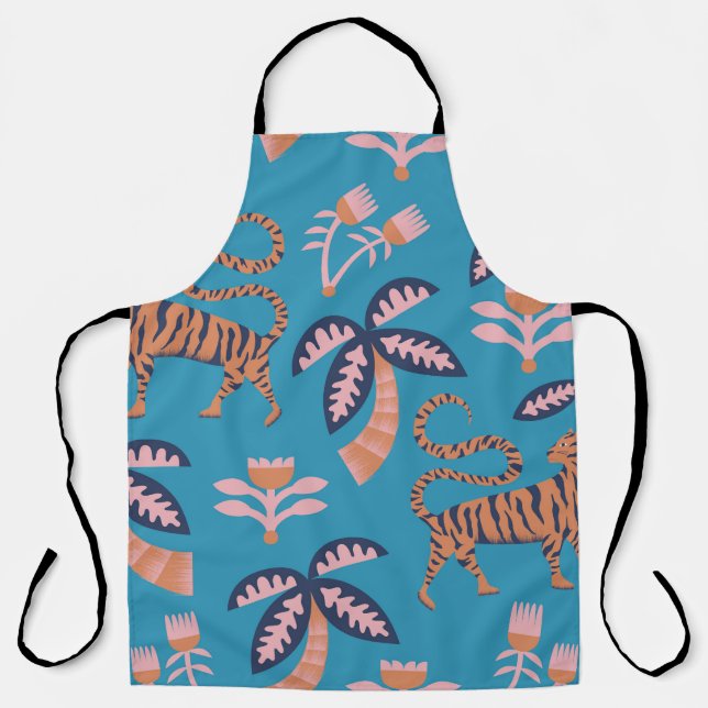 Delantal Tigre retro, palmera, patrón de flor (Anverso)