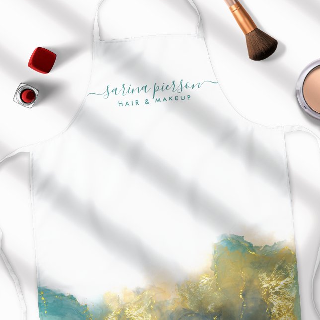 Delantal Tinta acuarela líquida de arte moderno verde azula (Subido por el creador)