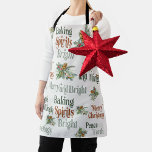 Delantal Tipografía de los Navidades Holly y Pine Cones<br><div class="desc">Navidades Apron con holly, pinos y palabras festivas. El delantal está decorado en una tipografía ornamentada con frases de temporada navideña que incluyen Baking Spirits Bright, Jingle y Mingle, Merry and Bright, Peace on Earth, Season's Greetings y Merry Christmas. Tiene una paleta de colores de naranja quemado de terracota, verde...</div>