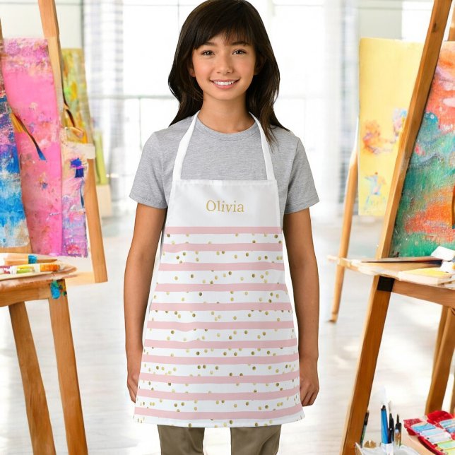 Delantal Tiras y puntos rosados de chica con nombre o monog (Personalize this smock/apron with your name.)