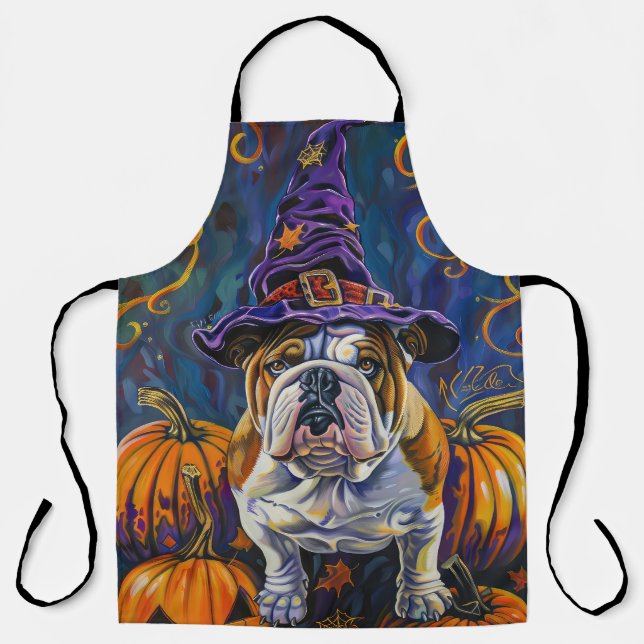 Delantal Tocante Bulldog Halloween Bruja Y Calabaza (Anverso)