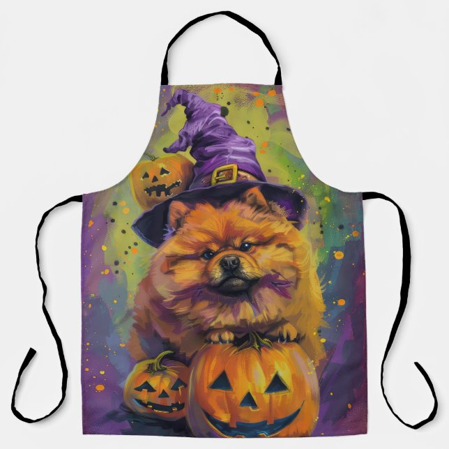 Delantal Tocante Chow Chow Perro Halloween Bruja Y Calabaza (Anverso)