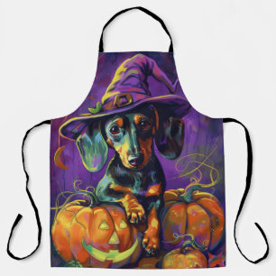 Delantal Tocante Perro Dachshund Bruja Halloween Y Calabaza