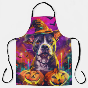 Delantal Tocante Perro Pitbull Halloween Bruja Y Calabaza