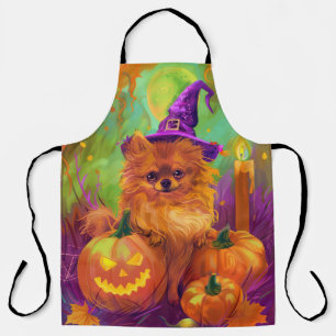 Delantal Tocante Perro Pomeraniano Halloween Bruja Y Calaba