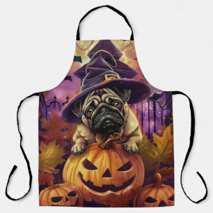 Delantal Tocante Perro Pug Halloween Bruja Y Calabaza