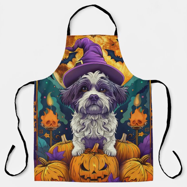 Delantal Tocante Shih Tzu Perro Halloween Bruja Y Calabaza (Anverso)