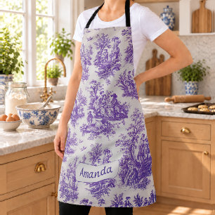 Delantal Toile de Jouy monograma floral vintage púrpura