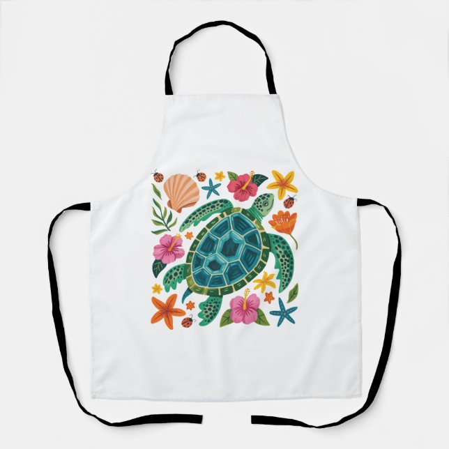 Delantal Tortuga marina floral de Boho (Anverso)
