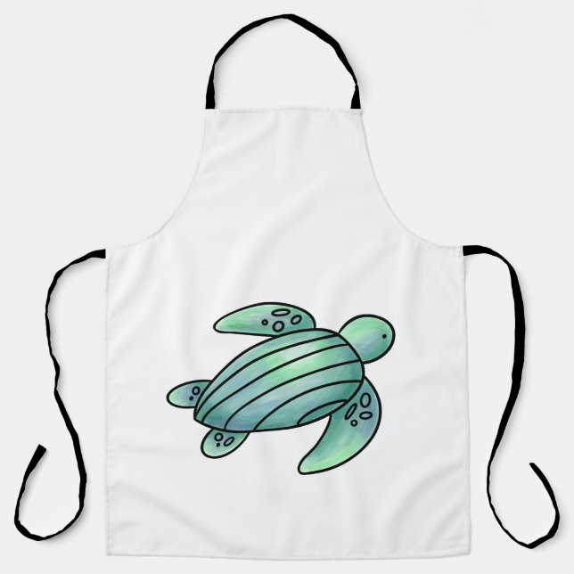 Delantal tortuga marina pintada con acuarela azul verde de  (Anverso)