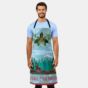 Delantal Tren de Navidad sobre hielo azul