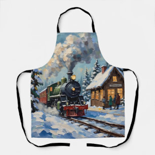 Delantal Tren de vapor vintage de Navidad en estación nevad