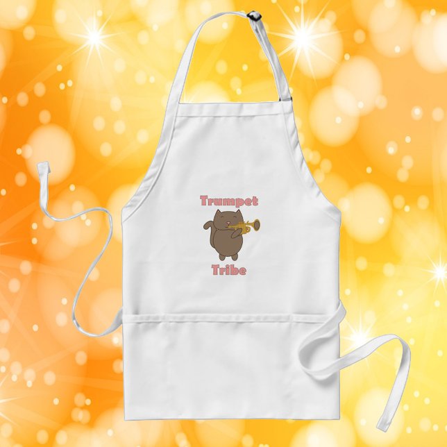 Delantal Trumpet Tribe Brown Cat Pink (An apron featuring a brown cat playing the trumpet and the text trumpet tribe)