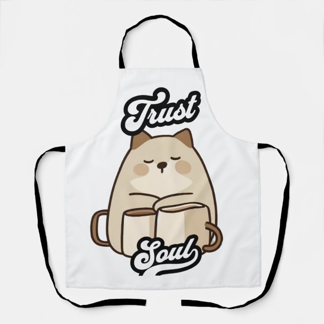 Delantal Trust Soul – Gato Kawaii y Tazas Zen (Anverso)