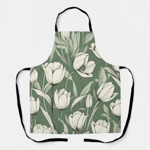Delantal Tulipán Botánico Sobre Verde Sage