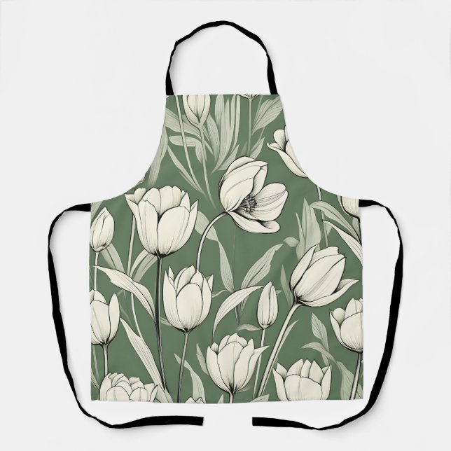 Delantal Tulipán Botánico Sobre Verde Sage (Anverso)