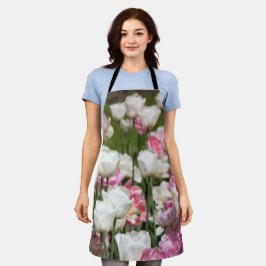 Delantal Tulipanes blancos y rosas brillantes en un día sol