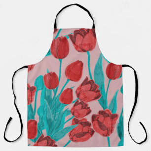 Delantal Tulipanes de primavera, patrón floral dibujado a m