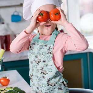 Delantal Turquesa Feliz Conejo de Pascua y Huevos