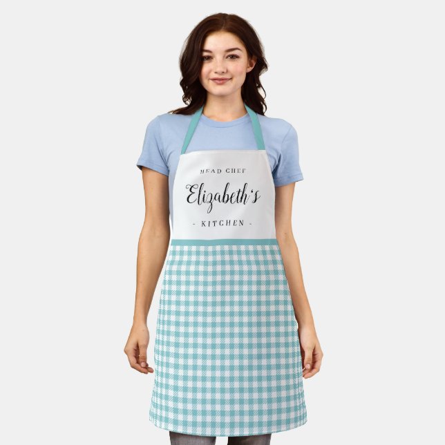 Delantal Turquoise gingham cheque cocina personalizada para (Gastado)