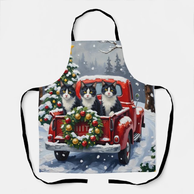 Delantal Tuxedo Cat Christmas Red Truck Holiday (Anverso)